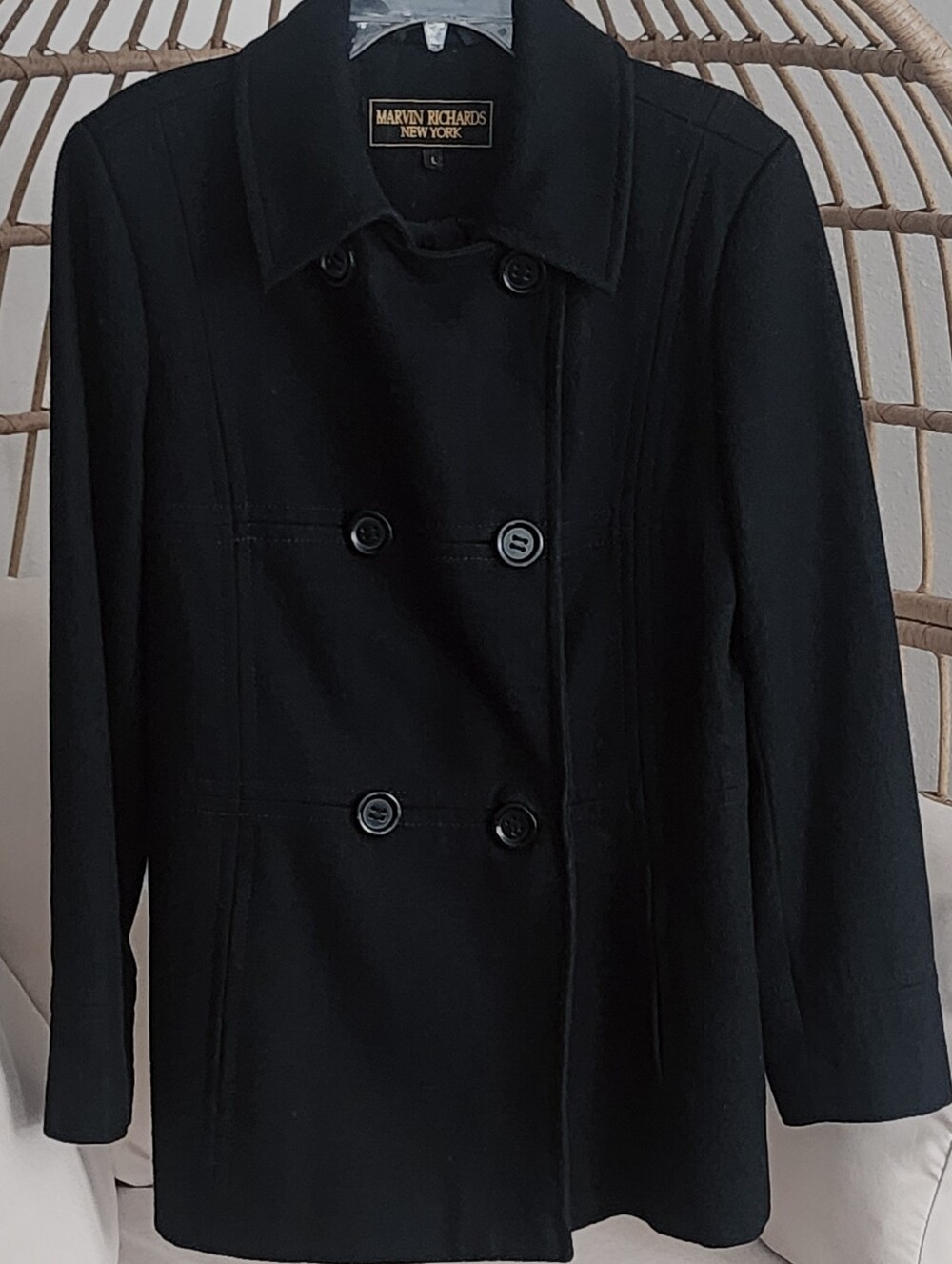 Marvin Richards Vintage Women's Double Breasted Black Wool Blend Pea Coat Sz L